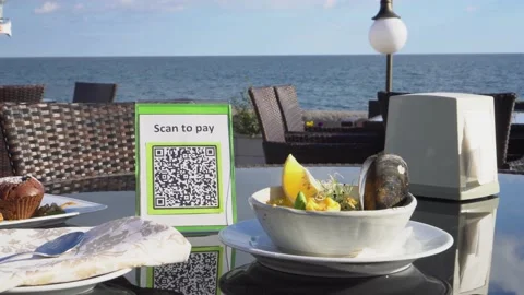 Pay touch-free with a QR code. QR code scanning app. Touchless digital payment Stock Footage 145113166