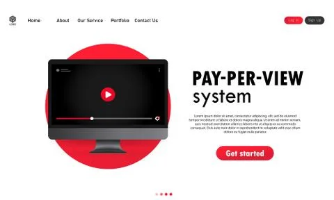 Pay Per View system. Computer with video player on display. Vector on isolate Stock Illustration