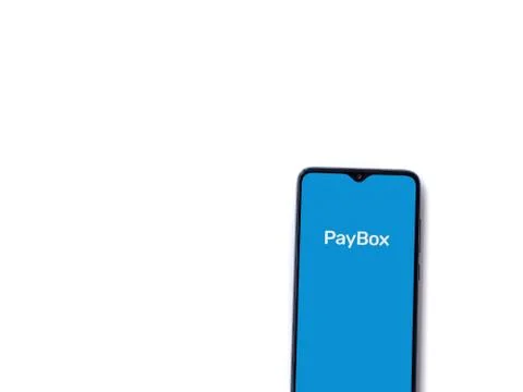 PayBox app launch screen with logo on the display of a black mobile smartphon Stock Photos