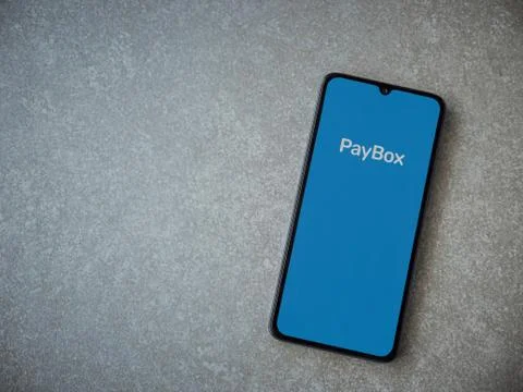 PayBox app launch screen with logo on the display of a black mobile smartphon Foto stock