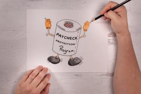 Paycheck protection program on cartoon of dancing toilet paper real hand Stock Photos