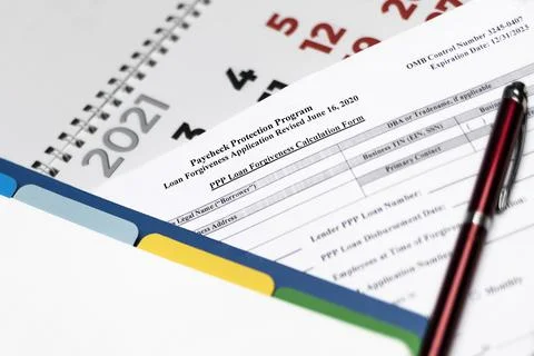 Paycheck protection program. ppp loan forgiveness application form Foto stock