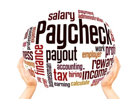Paycheck word cloud sphere concept Stock Illustration