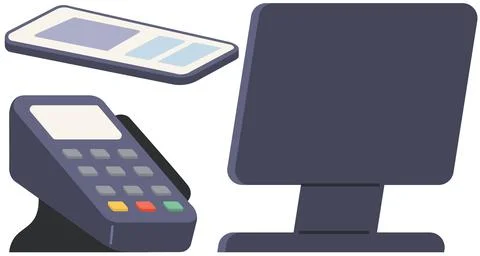 Paying by credit card using computer smartphone or pos terminal. Transactions Illustrazione stock
