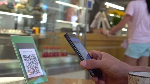 Paying with QR Code. Touch free payment Stock Footage 139080017