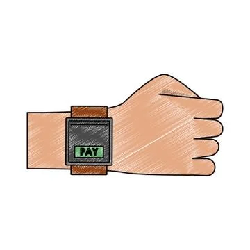 Paying from smartwatch cartoon scribble Stock Illustration