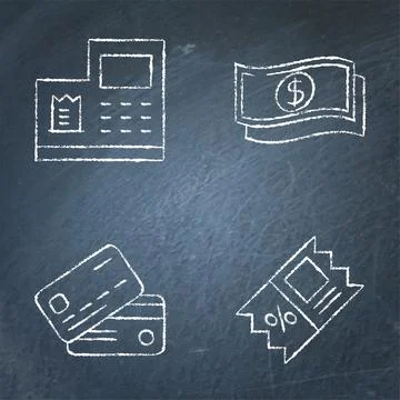 Payment and discount icon set on chalkboard Stock Illustration