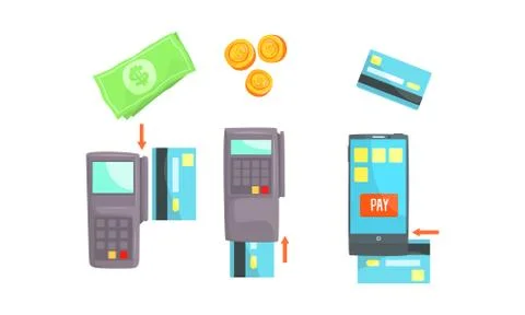 Payment Attributes Vector Set. Payment by Cash and By Credit Card Concept Stock Illustration
