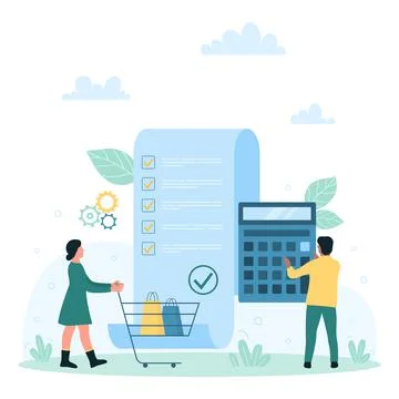 Payment bill and financial documents, tiny people check paper fiscal receipt to Stock Illustration