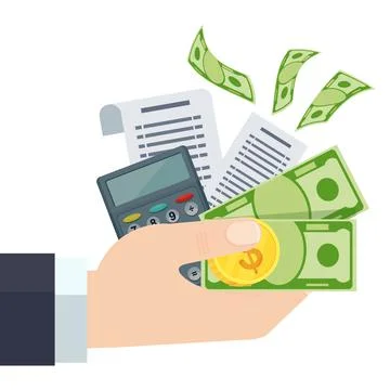 Payment of bills flat vector illustration. Hand keeps dollars. Stock Illustration