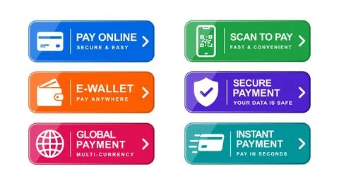 Payment button set with online pay, QR scan, ewallet, secure transaction, g.. Stock Illustration