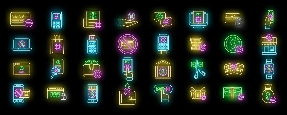 Payment cancellation icons set vector neon Stock Illustration