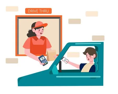 Payment from Car, Drive Thru System. Characters Pay for Takeaway Food Service Stock Illustration