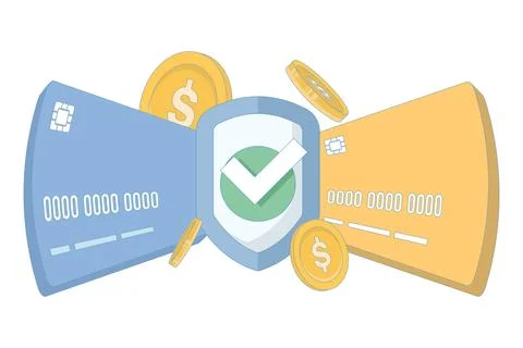 Payment card, coin and shield with check mark. Online payment. Stock Illustration