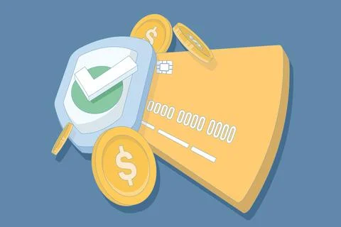 Payment card, coin and shield with check mark. Online payment. Stock Illustration
