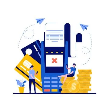 Payment card error, payment failed concepts with character. Pos terminal with Stock Illustration