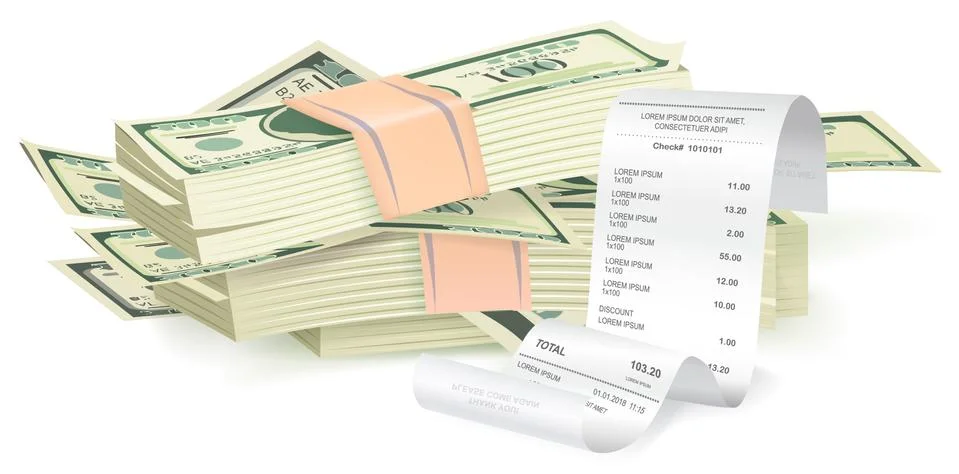 Payment check near a stack of dollars isometric. Buying financial invoice bill Stock Illustration