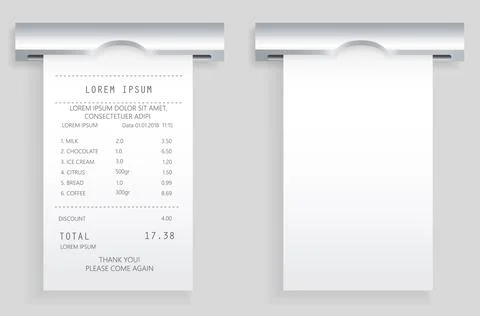 Payment check paper document poked out of the cash register. Buying financial Ilustración de archivo