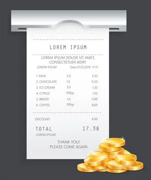 Payment check paper document poked out of the cash register near a pile of gold Ilustración de archivo