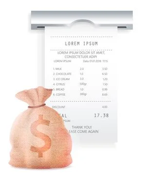 Payment check paper document poked out of the cash register near a bag with Ilustración de archivo