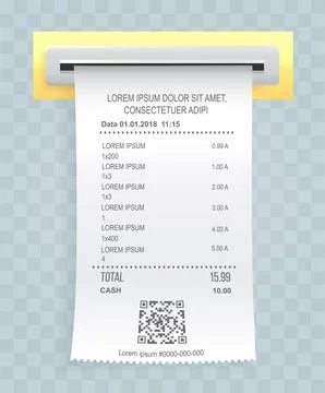 Payment check paper document poked out of the cash register. Buying financial Ilustración de archivo