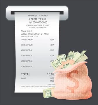 Payment check paper document poked out of the cash register near a bag with Ilustración de archivo