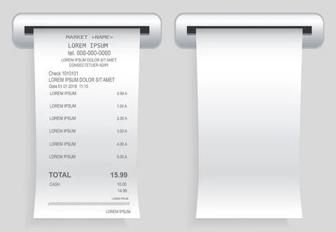 Payment check paper document poked out of the cash register. Buying financial Ilustración de archivo