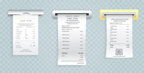 Payment check paper document poked out of the cash register. Buying financial Ilustración de archivo