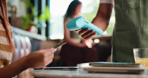 Payment, credit card or hands in cafe with machine, eft service or online Stock Footage 330920242