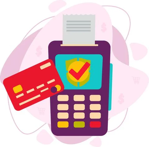 Payment by credit card using a terminal, approved, secure payment. Stock Illustration