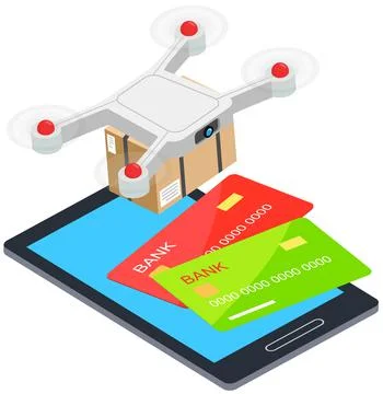 Payment for delivery services, delivers parcel using flying drone. Mobile app in Stock Illustration