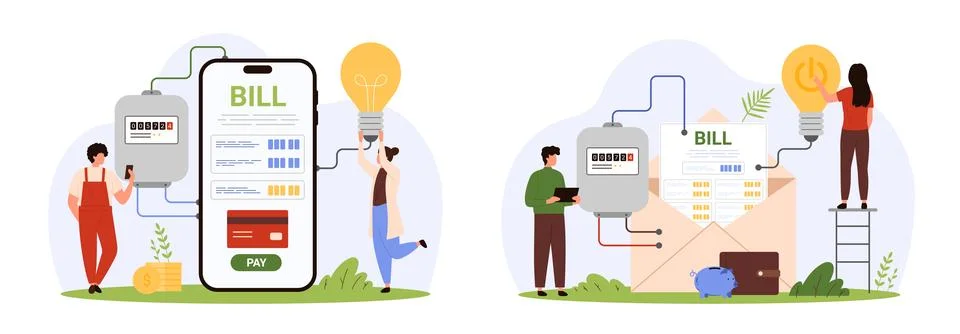 Payment for electricity via mobile app, notifications by mail for tiny people 스톡 일러스트