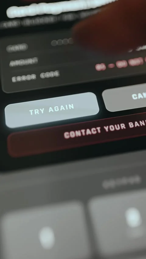 Payment failed screen showing TRY AGAIN option selected by user Stock Footage 333386954