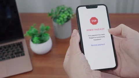 Payment Fraud Alert Stop Message on AI Finance App Stock Footage 340965463