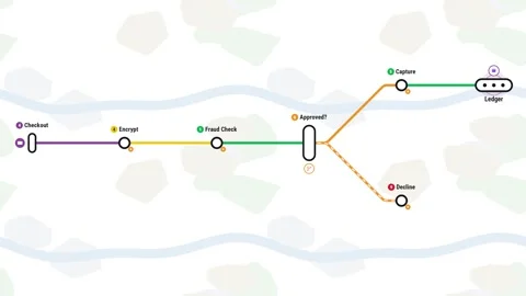 Payment gateway transaction flow drawn as a metro map Stock Footage 348624033