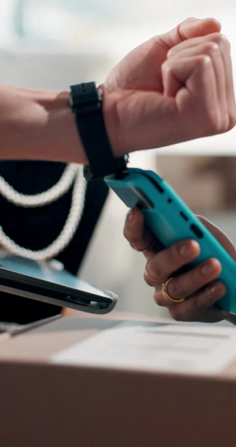 Payment, hands and people with pos machine, smart watch or transactions with Stock Footage 319826233