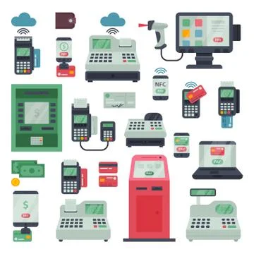 Payment machine pos banking terminal and atm bank system for credit card paying Stock Illustration