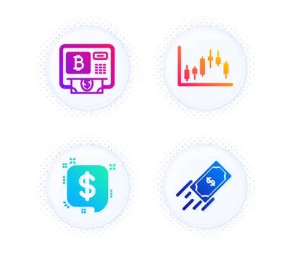 Payment message, Candlestick graph and Bitcoin atm icons set. Fast payment sign Stock Illustration