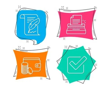 Payment method, Feather and Typewriter icons. Checkbox sign. Wallet with coins Stock Illustration