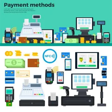 Payment methods with devices on the table Stock Illustration