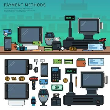Payment methods with devices on the table Stock Illustration