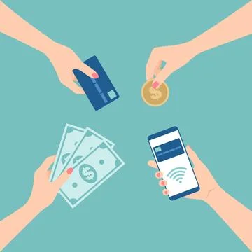 Payment methods. Female hands holding card, banknotes, coin and smartphone Stock Illustration