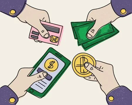 Payment methods in four human hands vector concept Stock Illustration