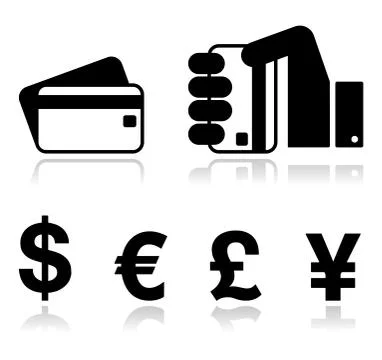 Payment methods icons set - credit card, by cash - currency Stock Illustration