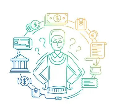 Payment methods line flat design banner with a male choosing. Stock Illustration