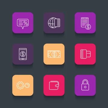 Payment methods line icons, electronic payment, credit card, cash, loan, wall Stock Illustration