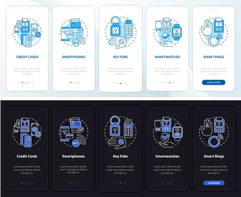 Payment methods night and day mode onboarding mobile app screen Stock Illustration