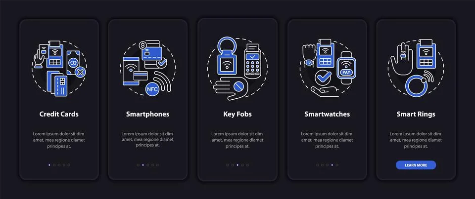 Payment methods night mode onboarding mobile app screen Stock Illustration