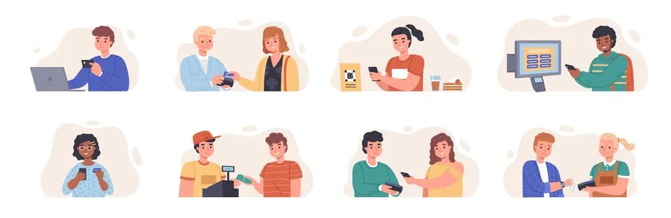Payment methods. People pay prices different ways, contactless system Stock Illustration