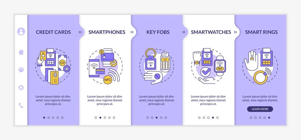 Payment methods purple and white onboarding template Stock Illustration